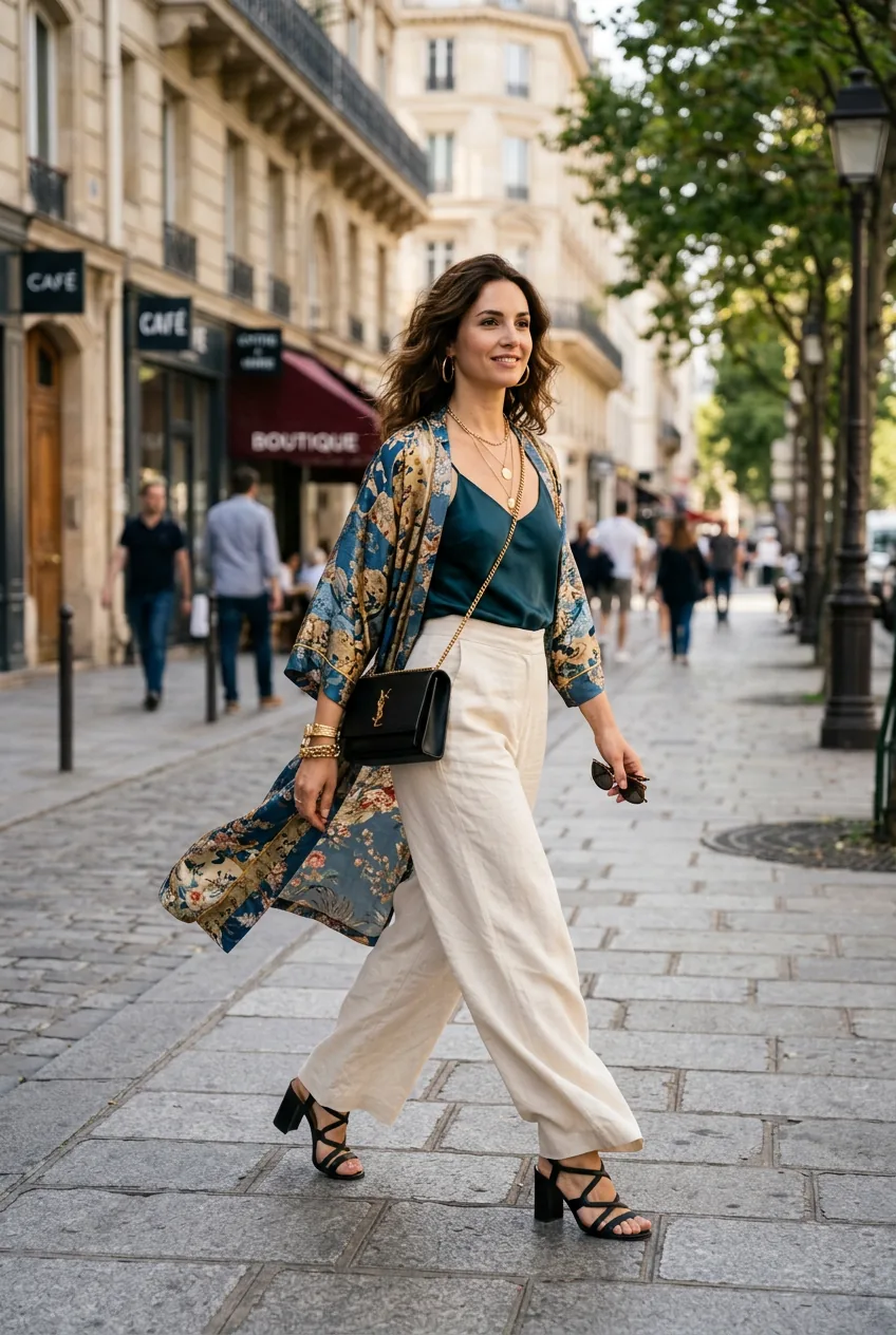 Woman in wide-leg pants, silk camisole, and flowing kimono jacket showing glamorous casual style