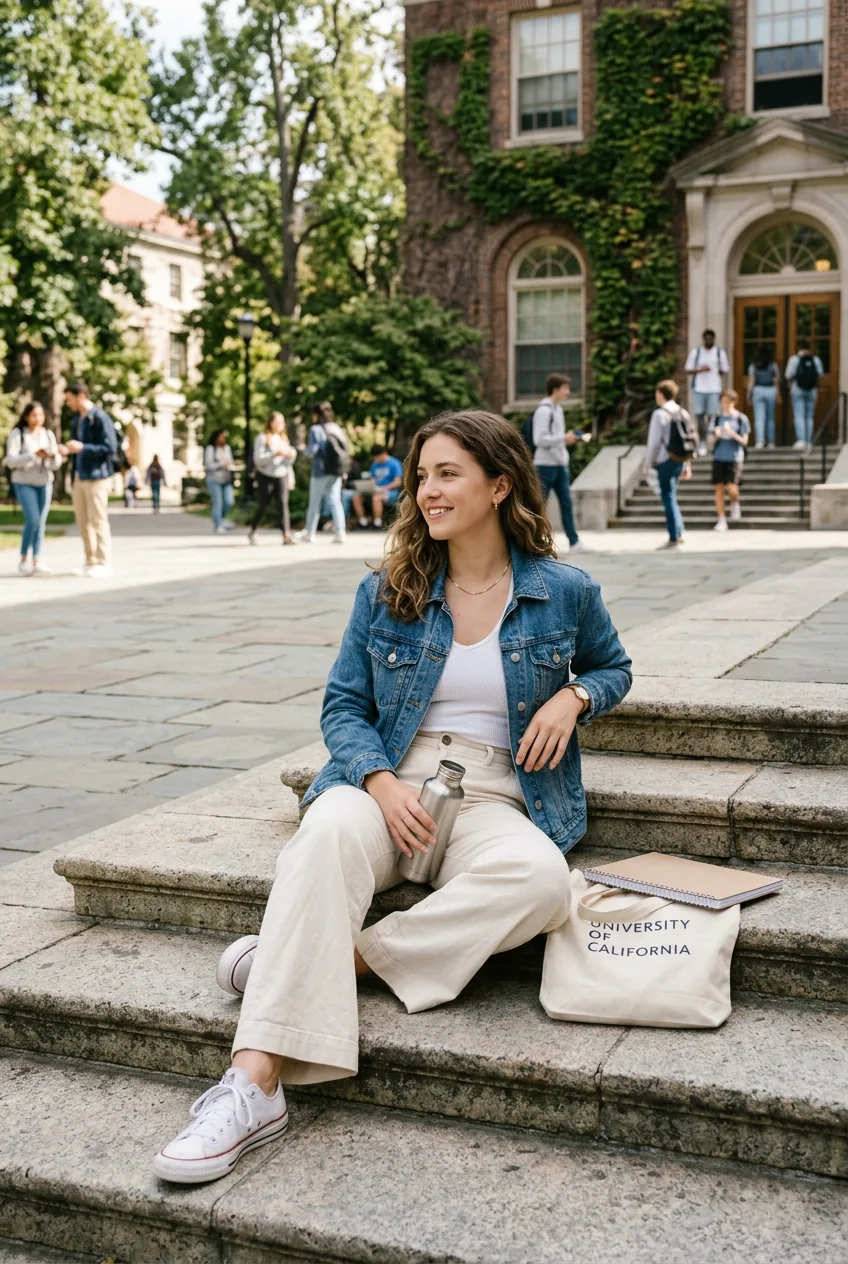 Woman wearing wide-leg trousers with fitted tank and denim jacket sitting on campus steps