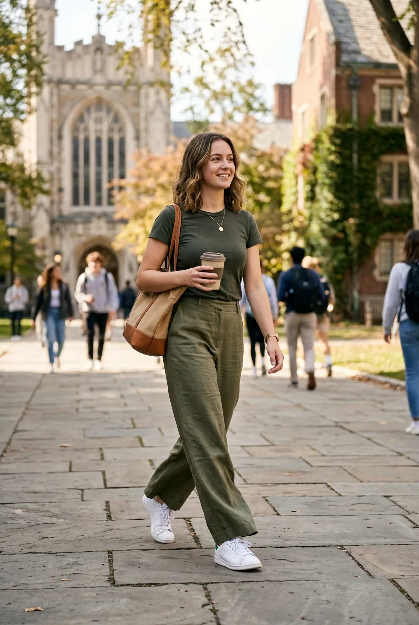 Woman in olive green wide-leg trousers with fitted tee and white sneakers on campus