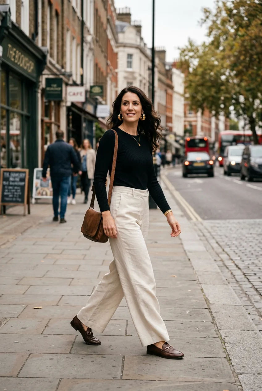 Woman wearing cream wide-leg trousers, fitted black knit top, and statement earrings with loafers
