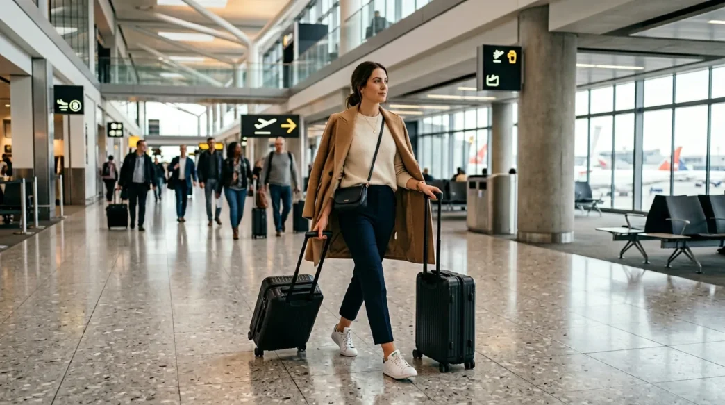 Woman walking through modern airport terminal with carry-on luggage wearing comfortable travel outfit