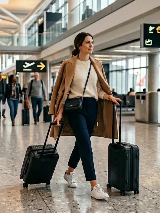 Woman walking through modern airport terminal with carry-on luggage wearing comfortable travel outfit