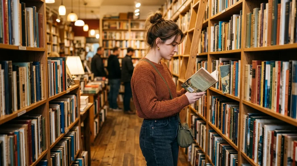 Woman in casual outfit browsing bookshelf in warm independent bookstore with soft lighting