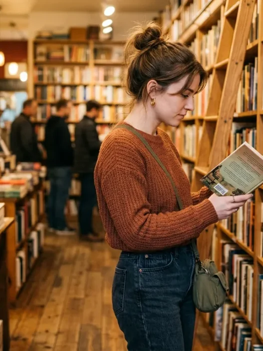 Woman in casual outfit browsing bookshelf in warm independent bookstore with soft lighting