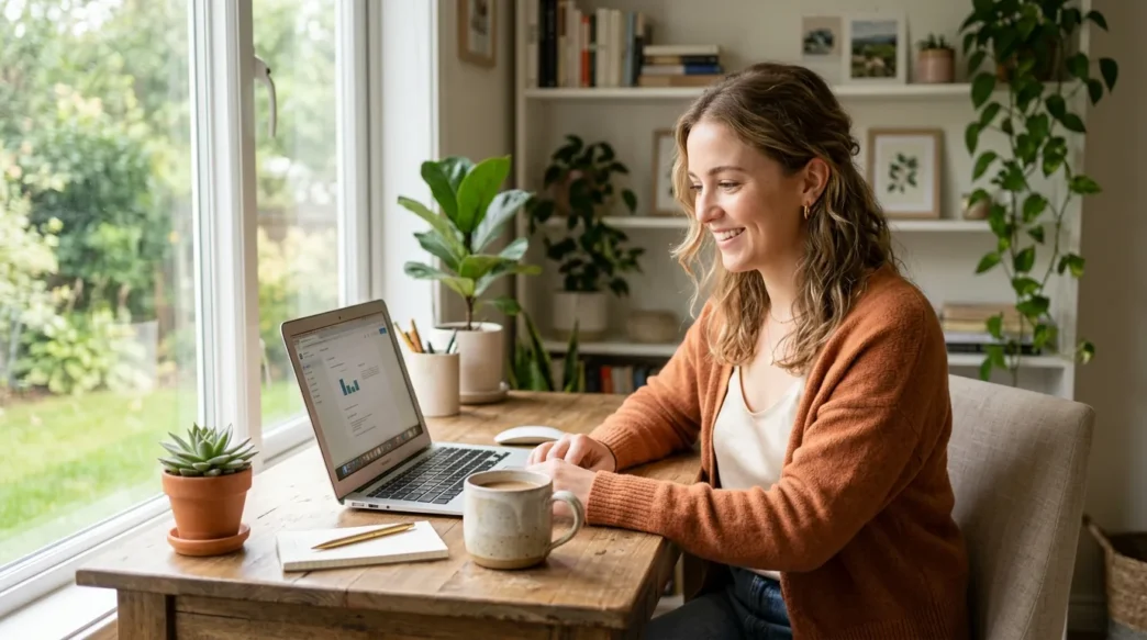 Woman at bright home office desk wearing professional work-from-home outfit with laptop and mug
