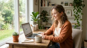 Woman at bright home office desk wearing professional work-from-home outfit with laptop and mug