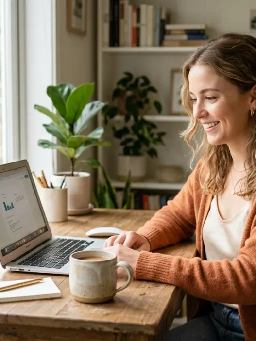 Woman at bright home office desk wearing professional work-from-home outfit with laptop and mug