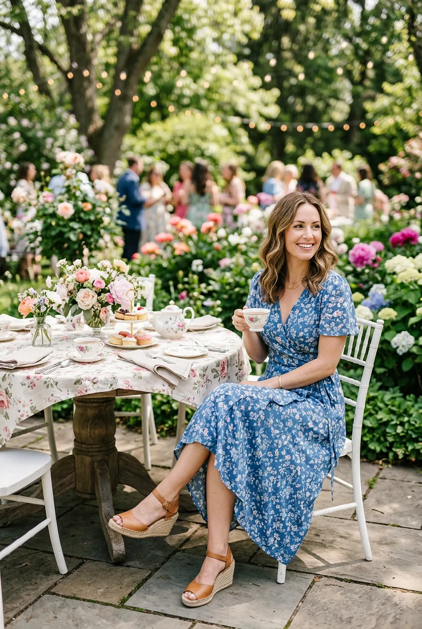 Woman in wrap dress and wedge sandals sitting at decorated outdoor spring tea party table