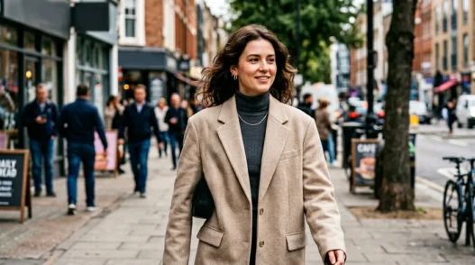 Woman wearing neutral acubi outfit with oversized blazer walking on city sidewalk in natural light