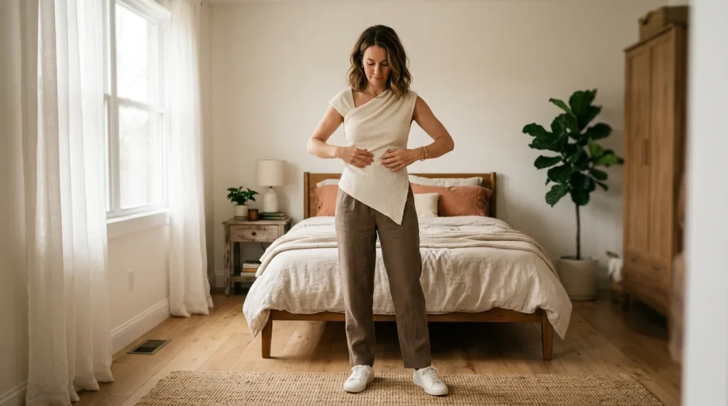 Woman in softly lit bedroom wearing styled asymmetrical top outfit checking her reflection