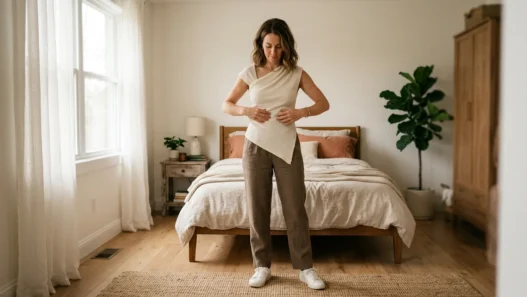 Woman in softly lit bedroom wearing styled asymmetrical top outfit checking her reflection
