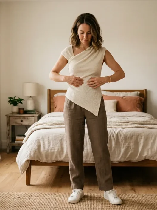 Woman in softly lit bedroom wearing styled asymmetrical top outfit checking her reflection