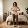 Woman in softly lit bedroom wearing styled asymmetrical top outfit checking her reflection