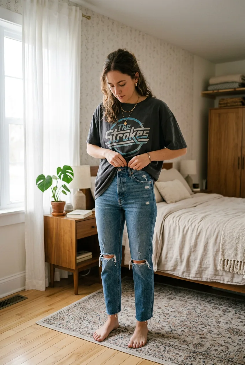 Woman in high-waisted jeans with asymmetrically tucked oversized band tee showing professional styling technique