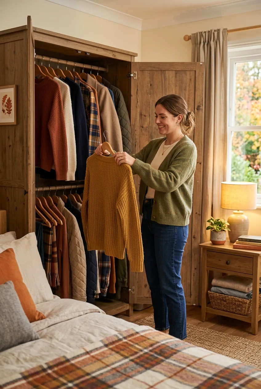 Woman organizing autumn wardrobe with sweaters and coats on wooden hangers in bedroom