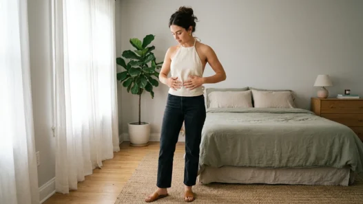 Woman standing in softly lit bedroom wearing styled backless top outfit with hands smoothing front