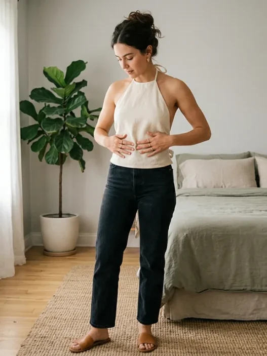 Woman standing in softly lit bedroom wearing styled backless top outfit with hands smoothing front