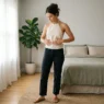 Woman standing in softly lit bedroom wearing styled backless top outfit with hands smoothing front