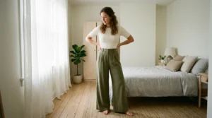 Woman wearing wide-leg trousers and fitted top showing full silhouette in softly lit bedroom