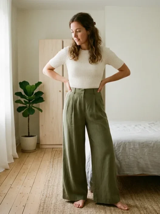 Woman wearing wide-leg trousers and fitted top showing full silhouette in softly lit bedroom