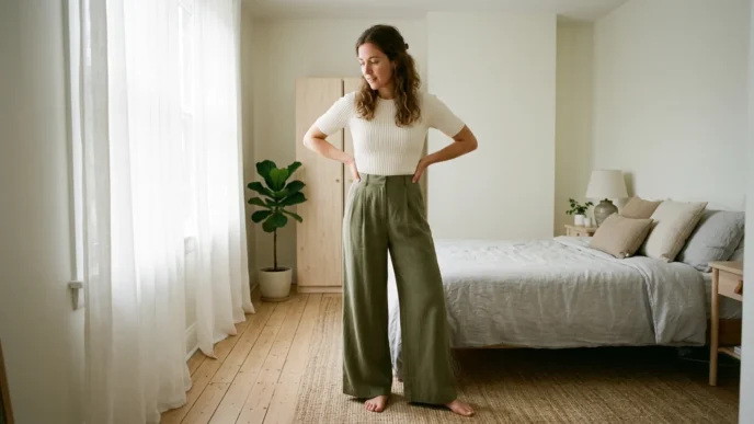 Woman wearing wide-leg trousers and fitted top showing full silhouette in softly lit bedroom