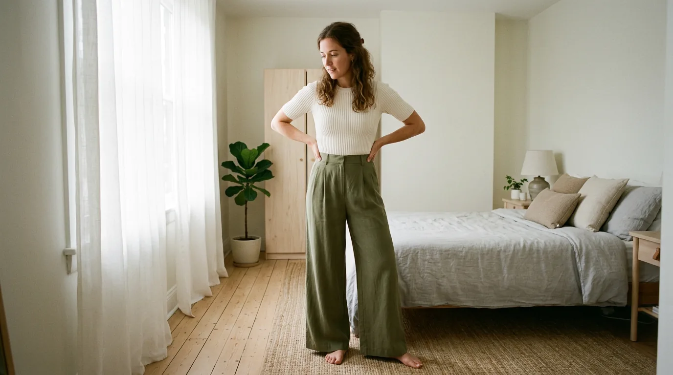 Woman wearing wide-leg trousers and fitted top showing full silhouette in softly lit bedroom
