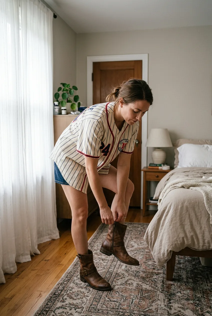 Woman in baseball jersey outfit with ankle boots showing elevated casual styling approach
