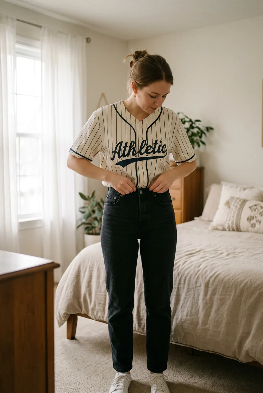 Woman demonstrating front tuck styling technique with baseball jersey and high-waisted bottoms