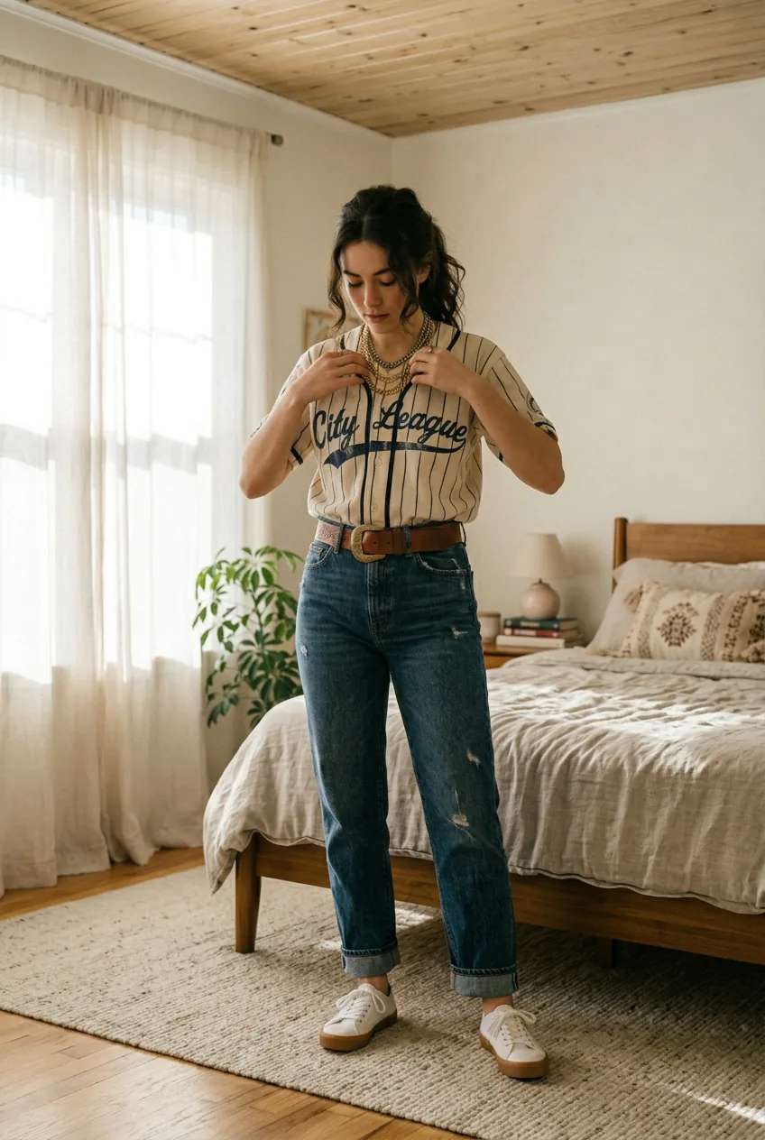 Woman wearing baseball jersey styled with statement gold jewelry and leather belt accessories