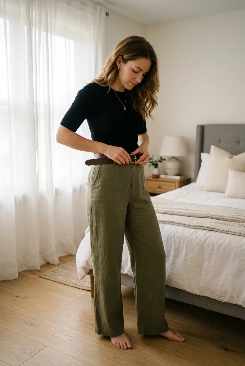 Woman adjusting leather belt on wide-leg trousers showing waist definition