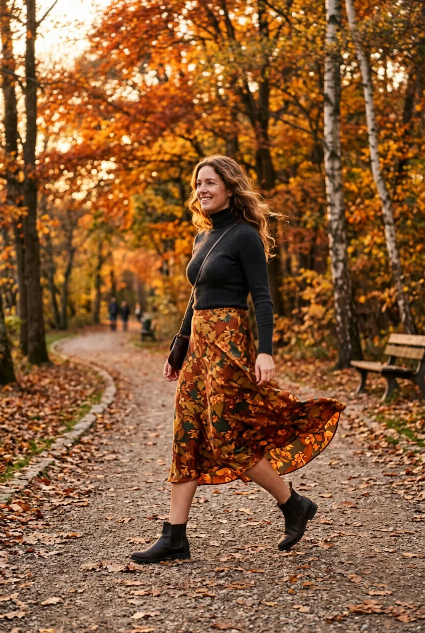 Woman in flowing midi skirt and fitted sweater walking through autumn park setting