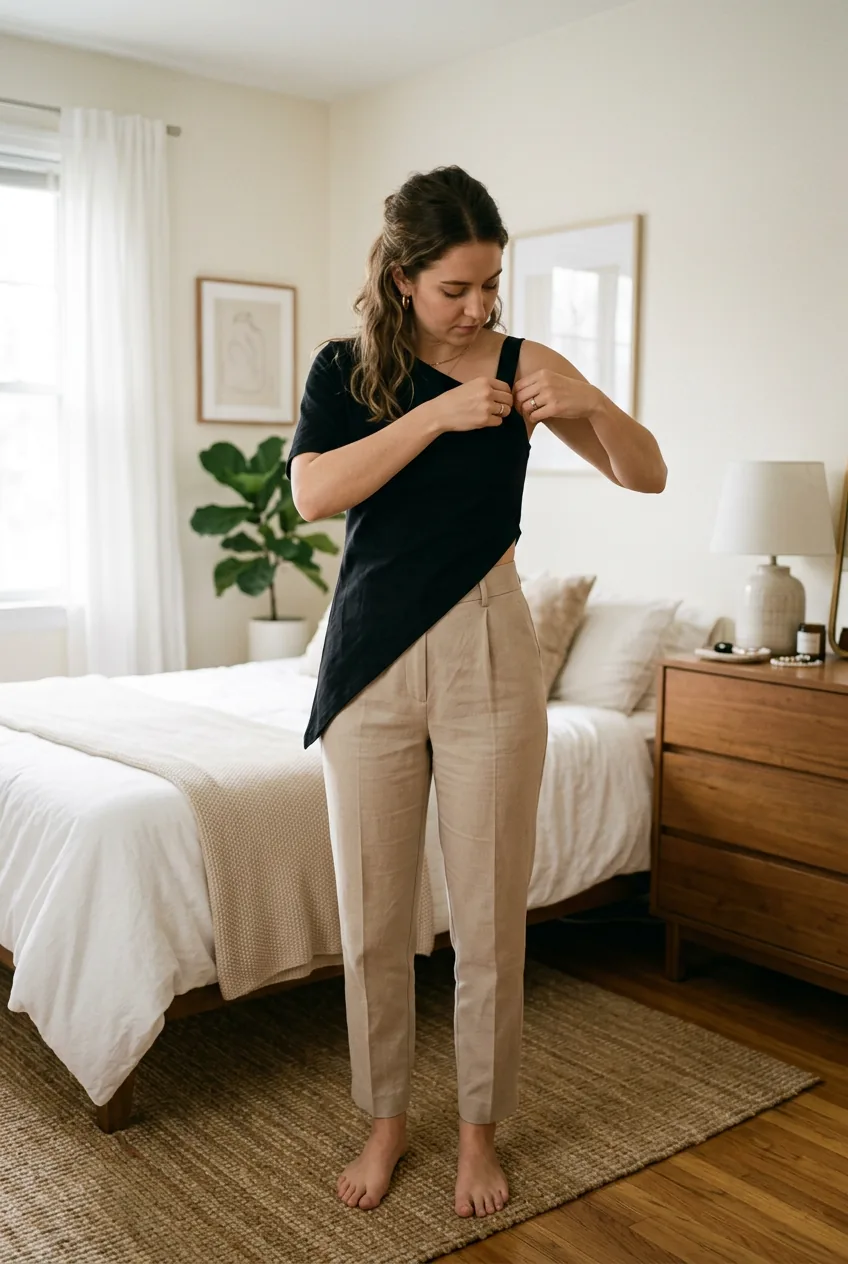 Woman wearing black asymmetrical top with angled hemline and high-waisted neutral trousers