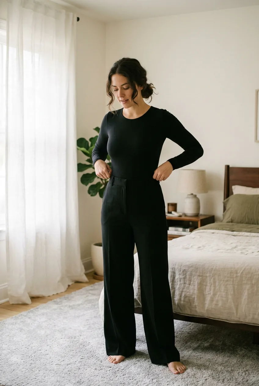 Woman wearing black fitted bodysuit with wide-leg pants in soft diffused light