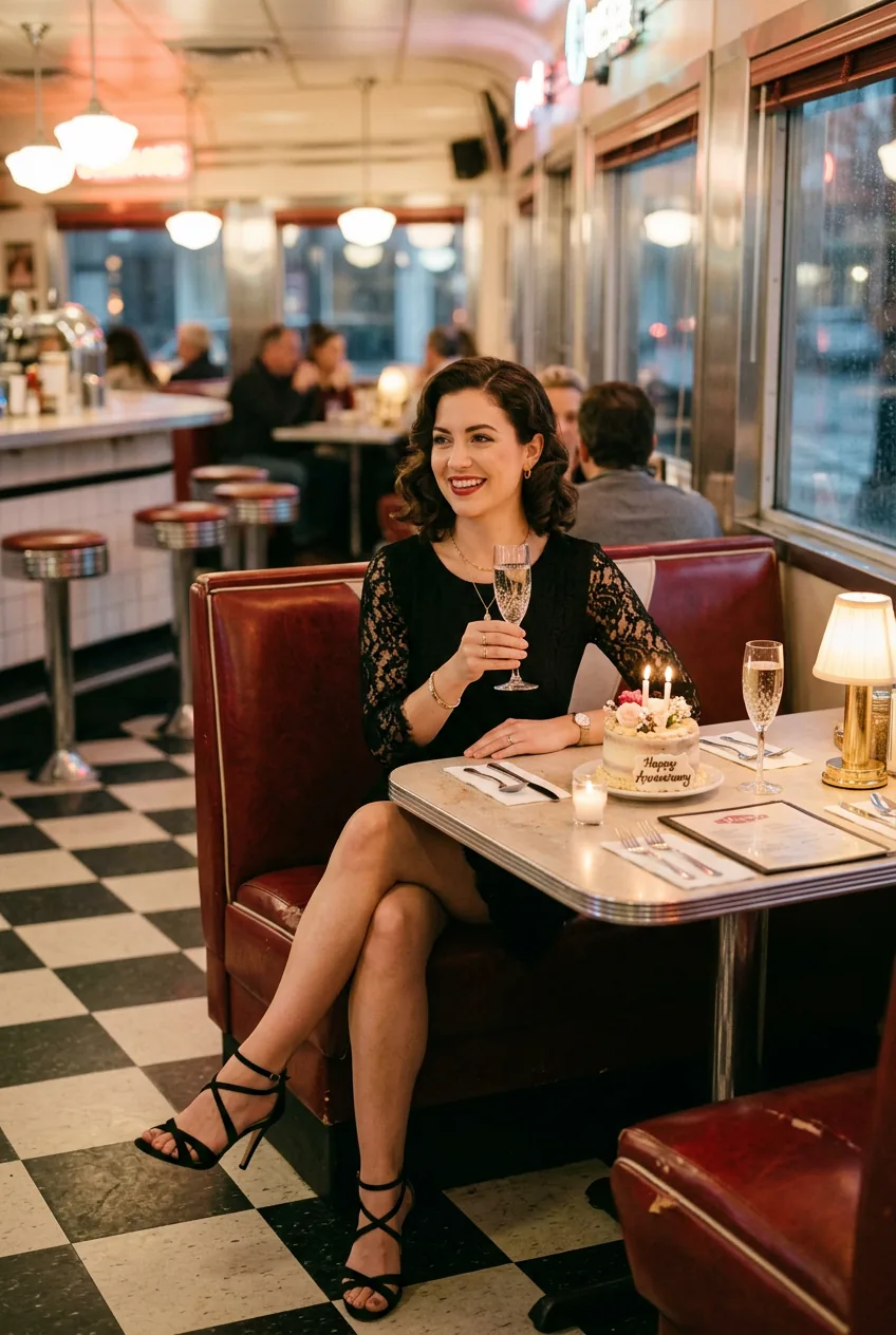 Woman wearing little black dress with lace sleeves and strappy heels for anniversary