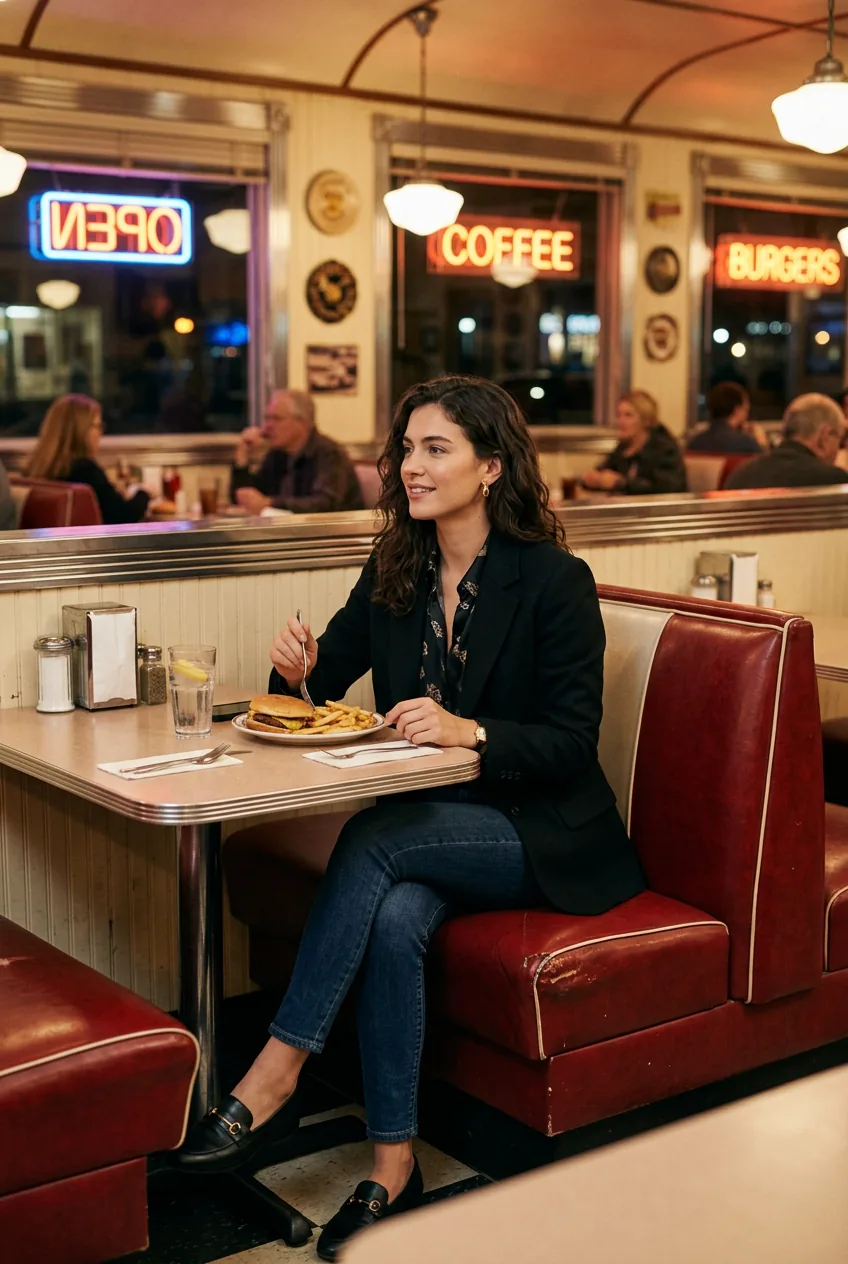 Woman in black jeans with nice blouse and blazer with loafers for last-minute plans