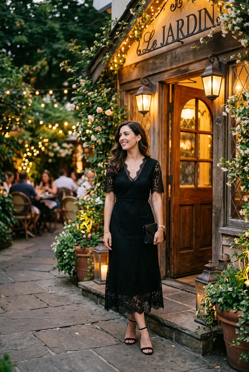 Woman in black midi dress with lace details standing by restaurant entrance in warm evening light