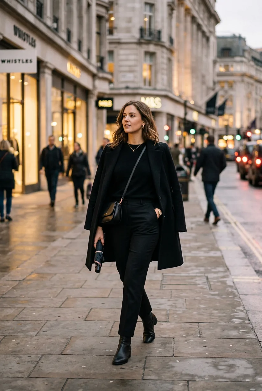 Woman wearing black trousers and cashmere sweater walking on city street in evening light