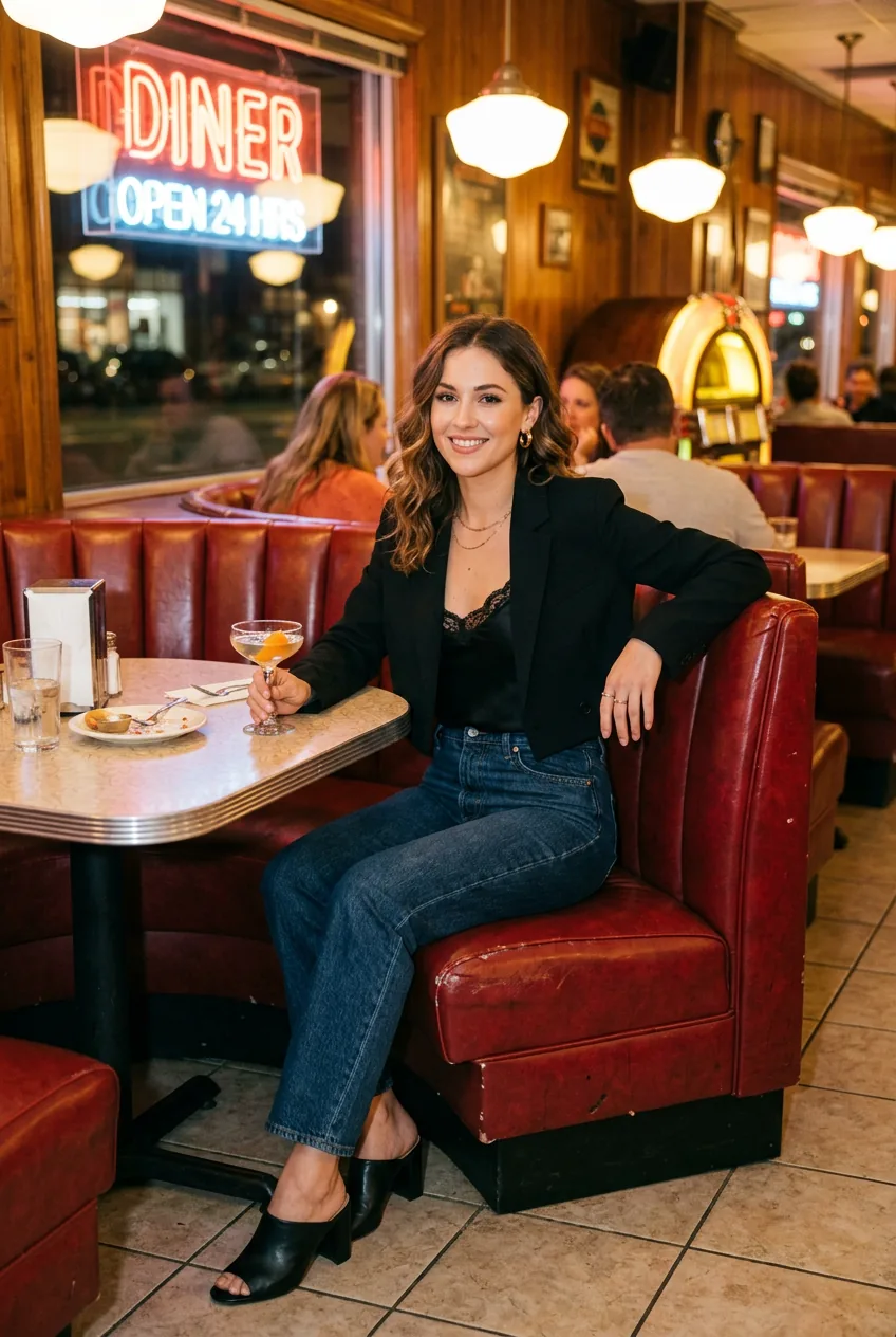 Woman in cropped blazer over camisole with high-waisted jeans and heeled mules