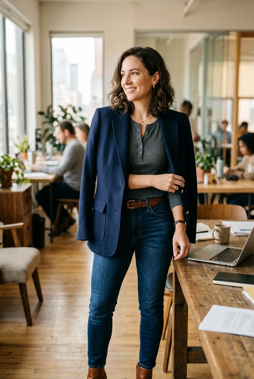 Woman adding navy blazer over henley for business meeting in office environment