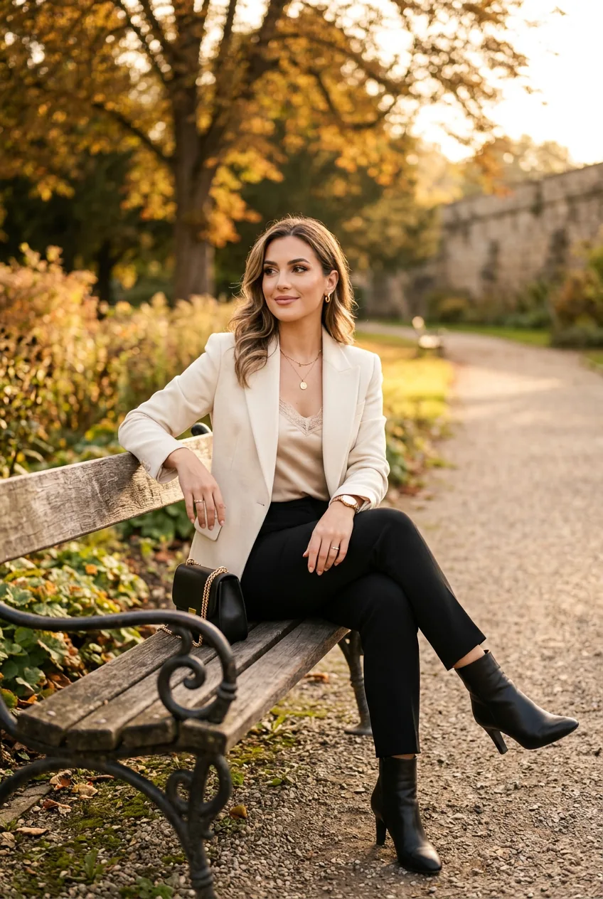 Woman in tailored blazer over silk camisole showing full glam styling