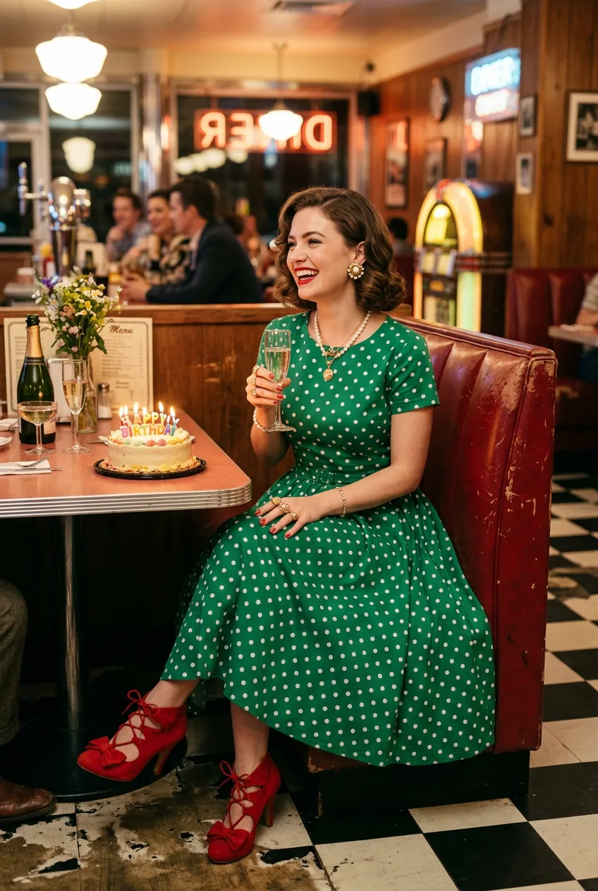 Woman wearing fit-and-flare dress in bold color with statement shoes for birthday