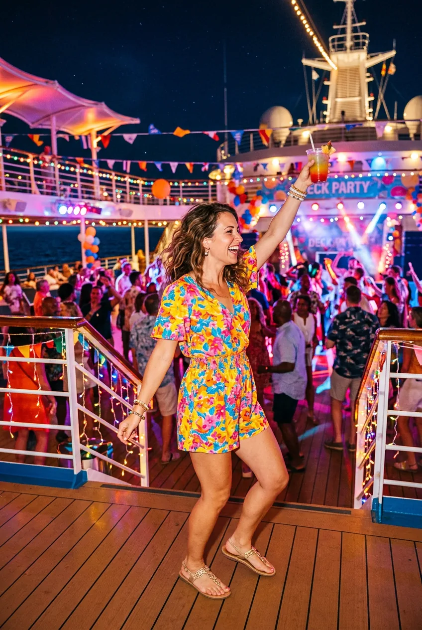 Woman wearing bright romper with flat sandals at cruise ship deck party with decorations