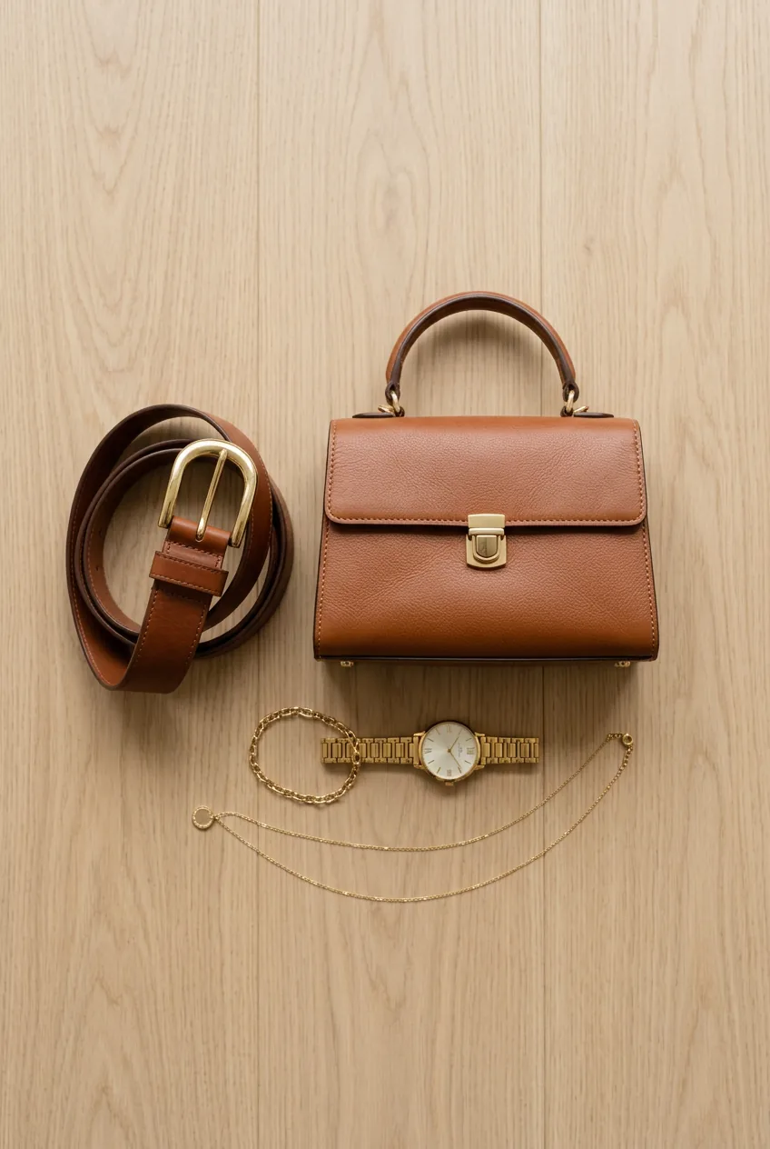 Brown leather belt, gold watch, chain necklace and structured handbag arranged as outfit accessories