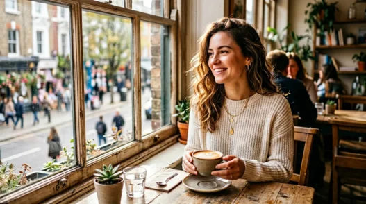 Woman at sunny cafe window table wearing styled everyday brunch outfit with cappuccino