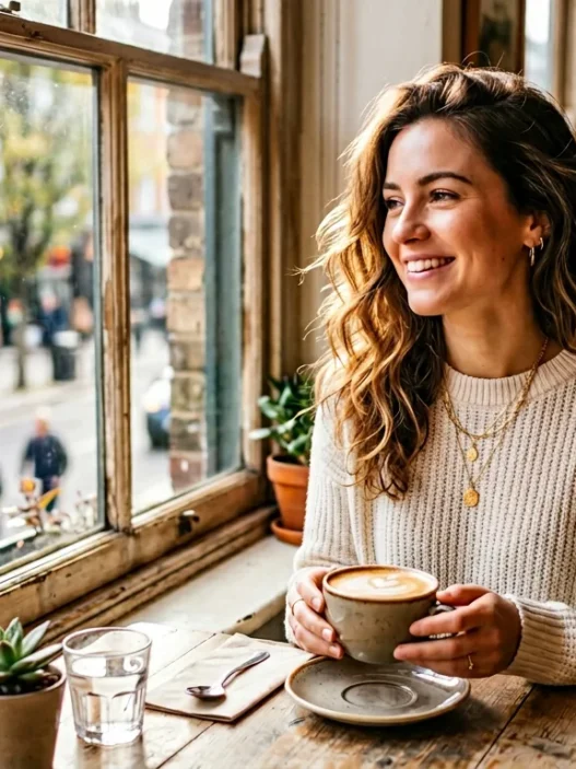 Woman at sunny cafe window table wearing styled everyday brunch outfit with cappuccino