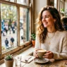 Woman at sunny cafe window table wearing styled everyday brunch outfit with cappuccino
