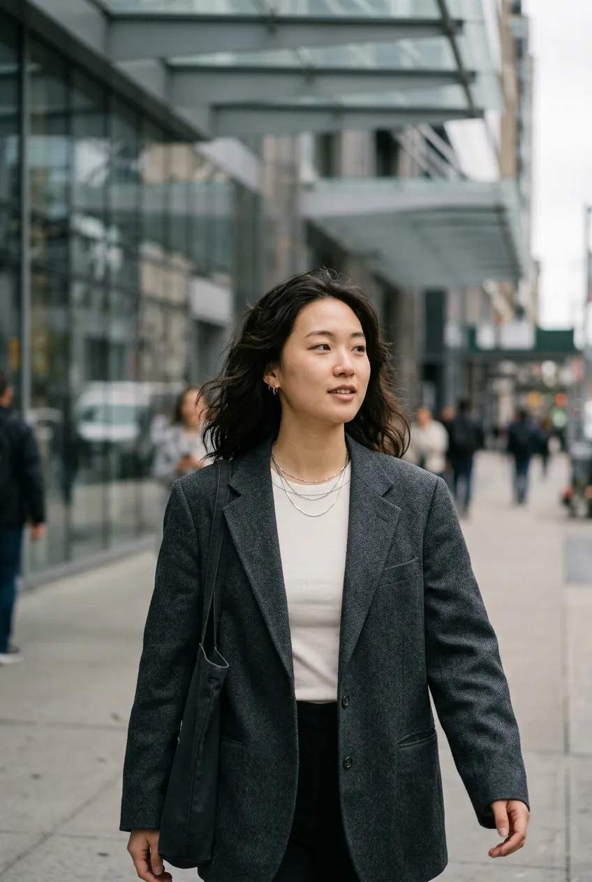 Young woman wearing budget-friendly acubi look with thrifted blazer walking past modern building