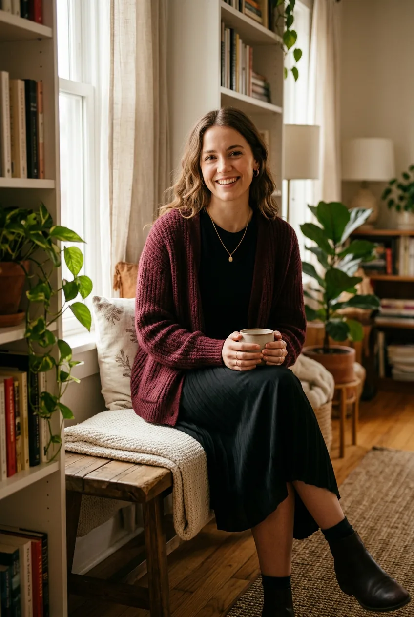 Woman wearing burgundy cardigan over black midi skirt with simple jewelry in daylight