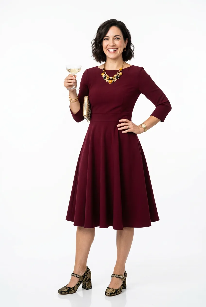 Woman wearing burgundy fit-and-flare dress with statement necklace for closing ceremony