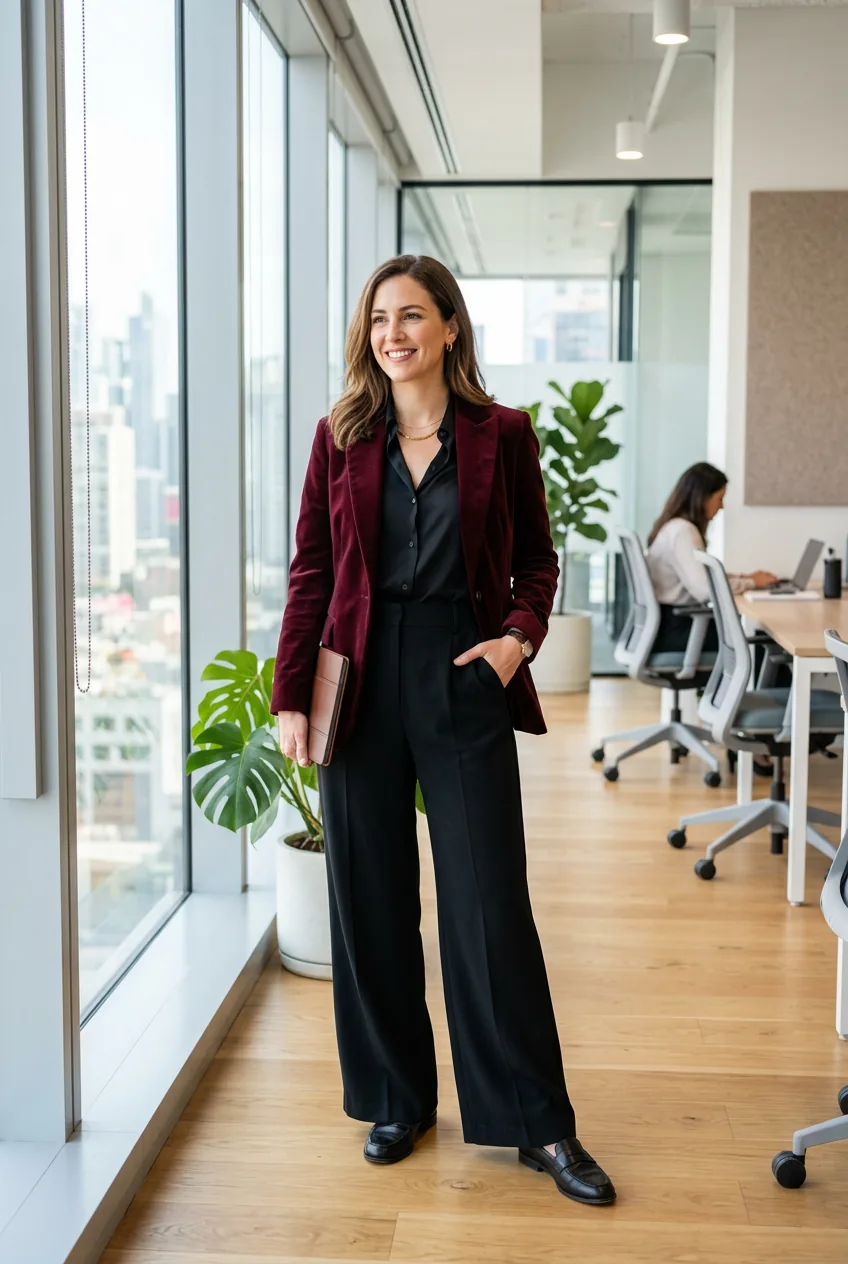 Woman in burgundy velvet blazer and black wide-leg trousers showing comfortable professional posture in office